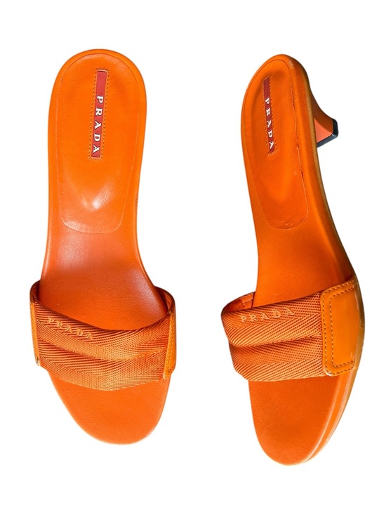 Prada Shoes - Prada Sport Vintage Women’s Nylon Logo Orange Kitten Heel Sandal Slides Heels 38